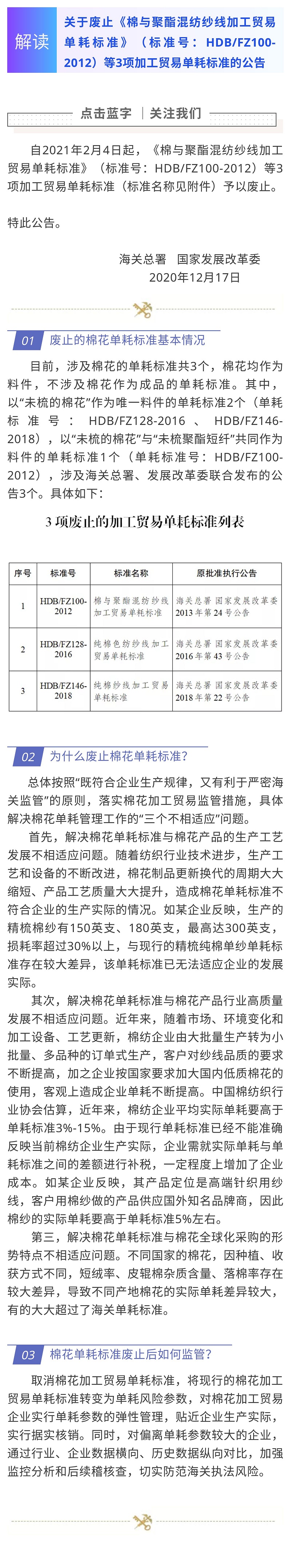 解读关于废止项纱线加工贸易单耗标准的公告